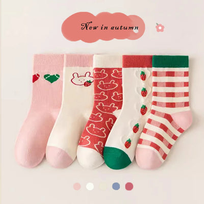 Girls' Cotton Socks (5 Pairs, Sizes 1-14) - Kids Clothing - Strawberry Rabbit - 0-2years(8-12cm) - Image 1 | Buy on Aleezayn.com