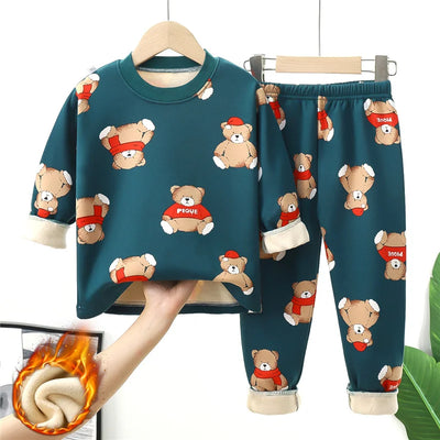 Kids' Warm Pajama Sets: Autumn/Winter Fashion - Kids Clothing - Green - 4T(Size 110) - Image 1 | Buy on Aleezayn.com