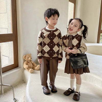 Kids Matching Plaid Knit Outfits - Kids Clothing - Waistcoat - 130 (5-6Years) - Image 1 | Buy on Aleezayn.com