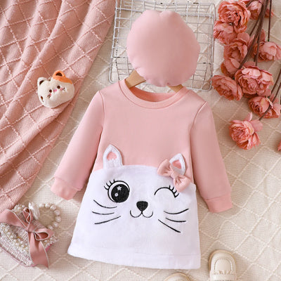 Girls' Cute Cat Bow Dress & Hat Set - Pink - 6-9M | Buy on Aleezayn.com